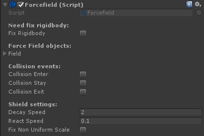 Forcefield controller inspector showing field objects, collision events, decay speed, and reaction speed.